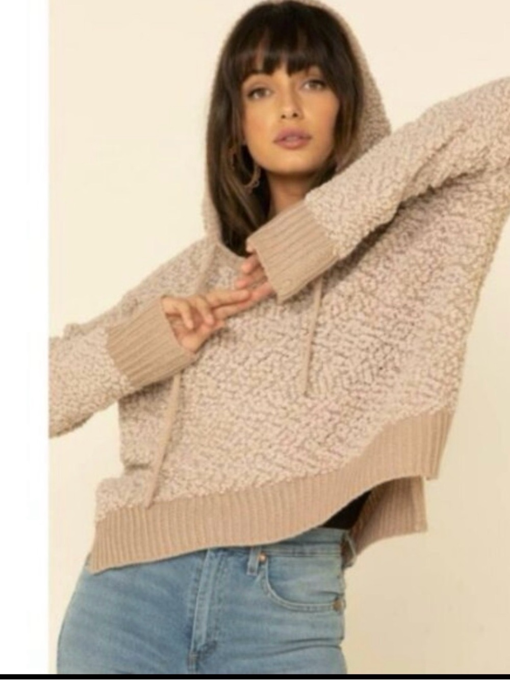 POL Cream Chunky Knit Popcorn Hoodie Sweater